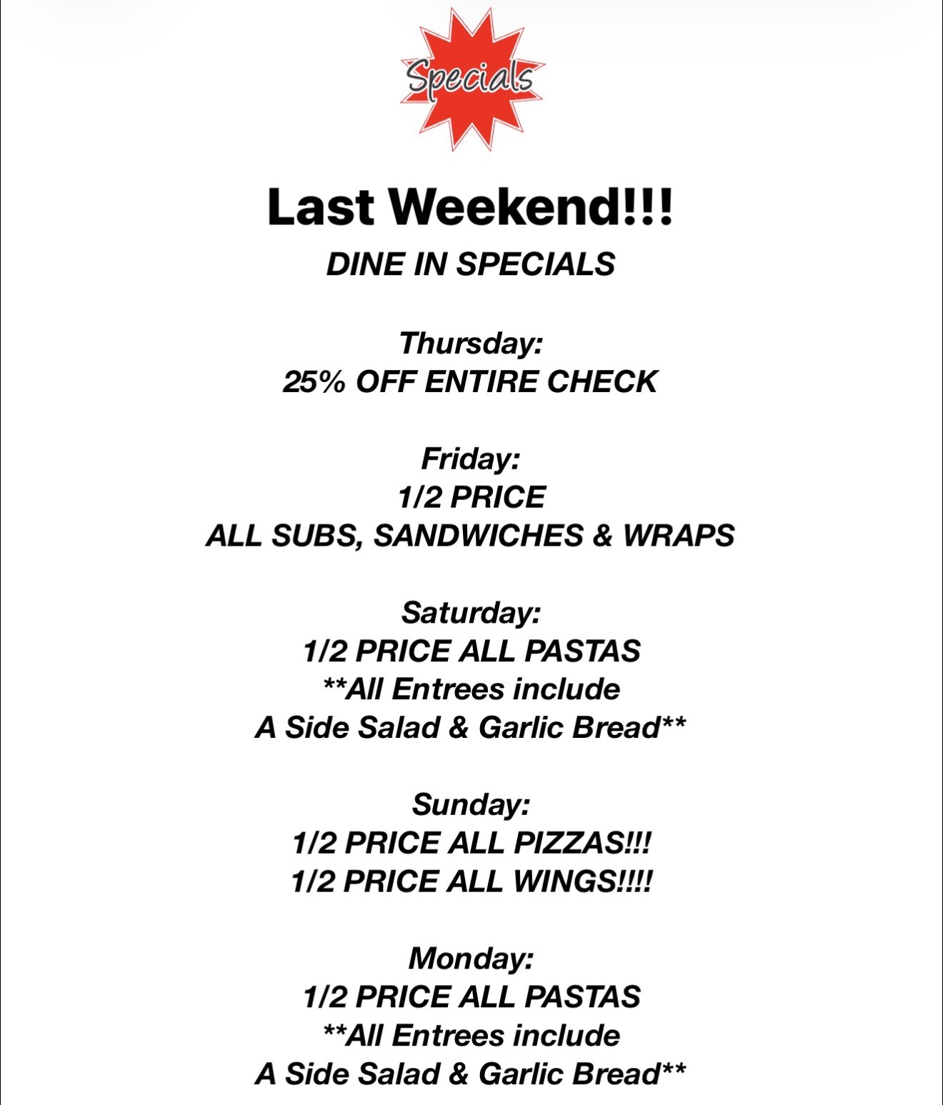 end of off season dine in specials